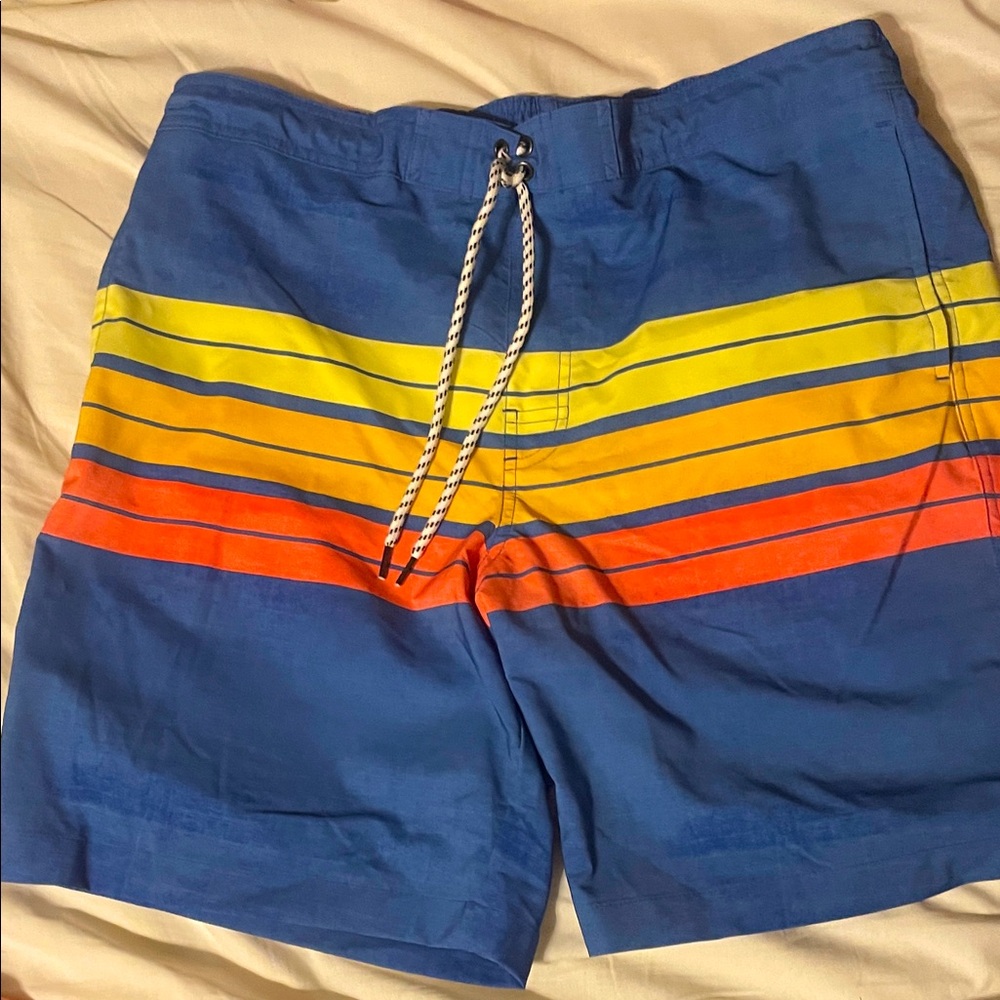 Sonoma Men's Blue Swim Shorts with Yellow and Orange Stripes